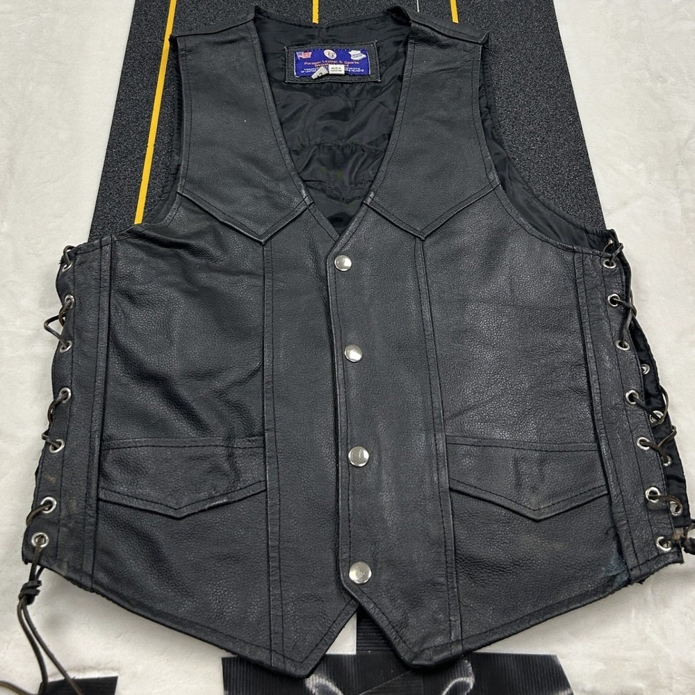 Paragon Leather Biker Vest Mens 42 Black Side Lace Snap Front Motorcycle F1